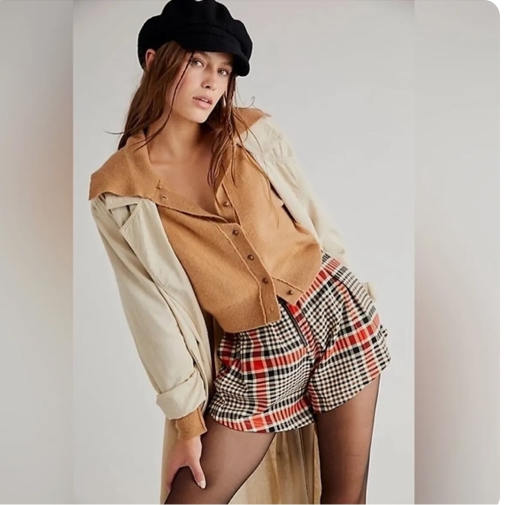 FREE PEOPLE Mayfair Pleated Plaid Shorts Rusty Combo